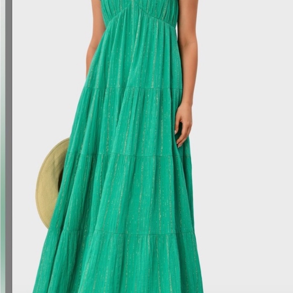 Tiered V-Neck Maxi Dress in Emerald with Metallic Detail